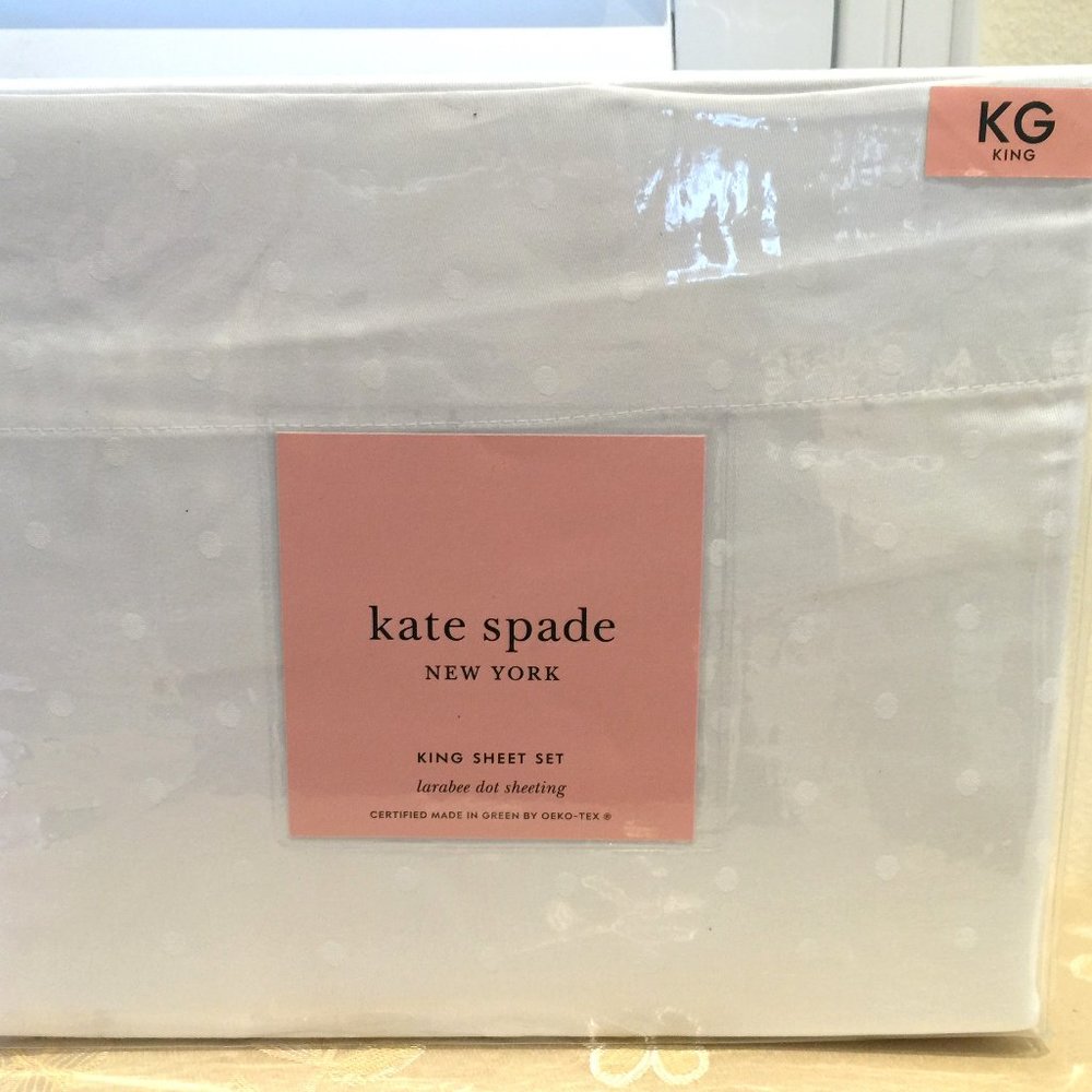 KATE SPADE King 4pc Flat Fitted Sheet Set 2 Pillowcases Larabee Dot 100% Cotton